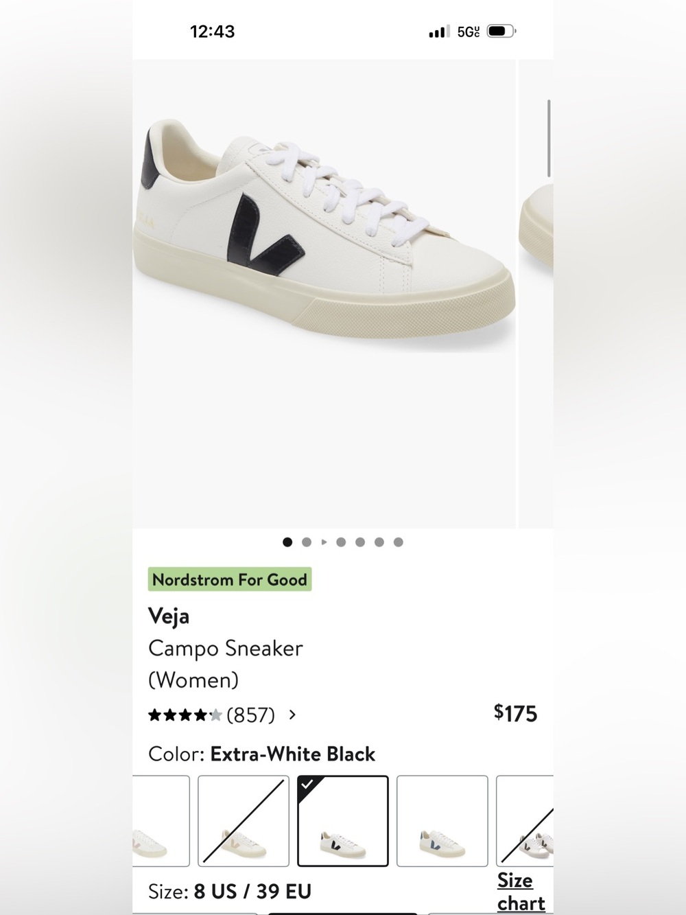 Veja Campo White Leather Sneakers with Black V Accent size 8 - 39 - Picture 10 of 10